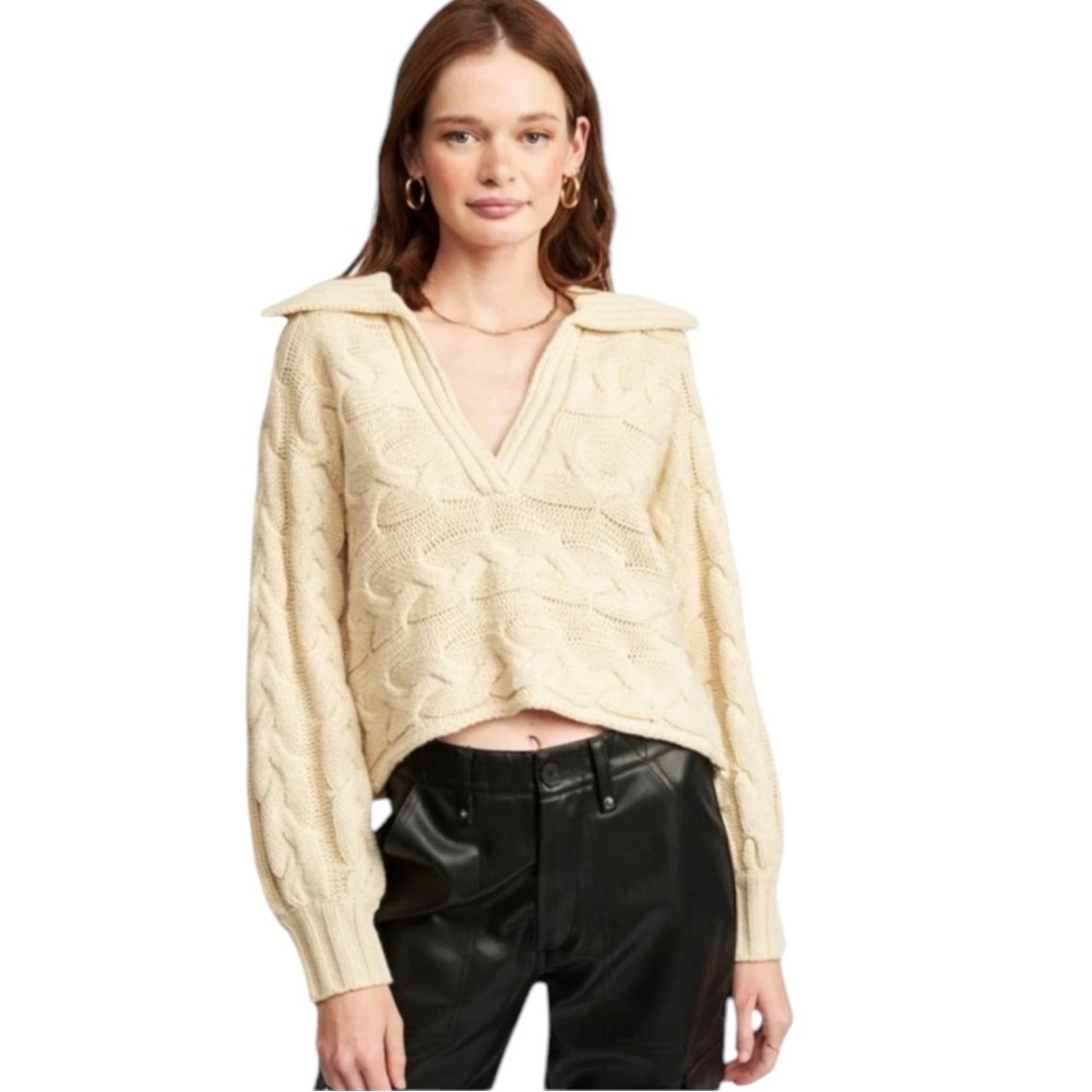 Emory Park Johnny Collar Cable Knit Crotchet Sweater- Neutral Cream- Medium